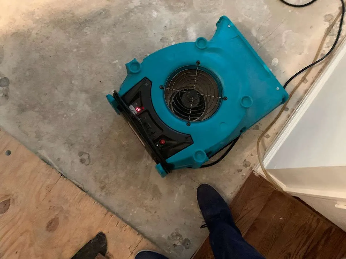 Air mover drying subfloor during Leak Detection & Repair in Piedmont